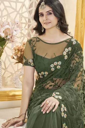 green stone thread work embroidery net saree