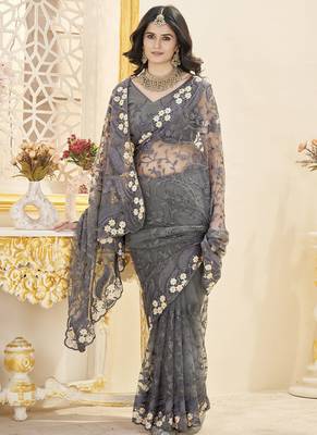 grey stone thread work embroidery net saree 1