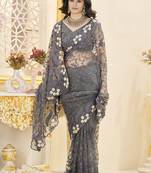 grey stone thread work embroidery net saree