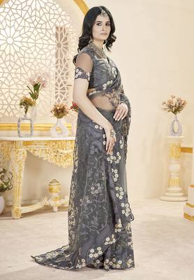 grey stone thread work embroidery net saree 2