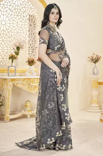 grey stone thread work embroidery net saree