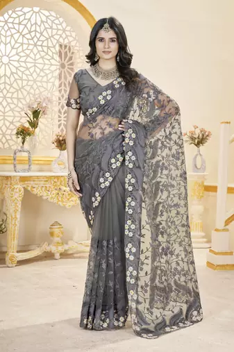 grey stone thread work embroidery net saree