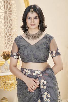 grey stone thread work embroidery net saree 4