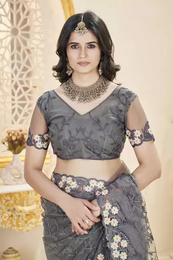 grey stone thread work embroidery net saree