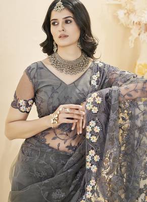 grey stone thread work embroidery net saree 5