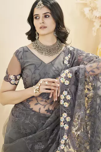 grey stone thread work embroidery net saree