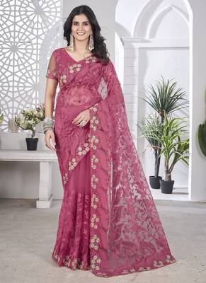pink stone thread work embroidery net saree 1