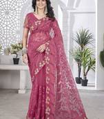 pink stone thread work embroidery net saree