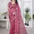 pink stone thread work embroidery net saree