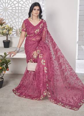 pink stone thread work embroidery net saree 2