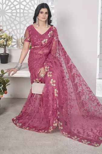 pink stone thread work embroidery net saree