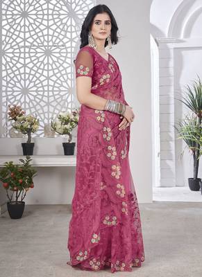 pink stone thread work embroidery net saree 3