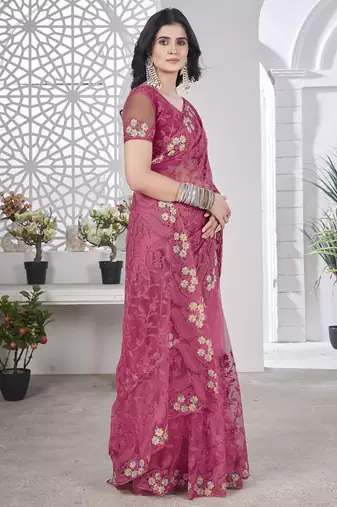 pink stone thread work embroidery net saree