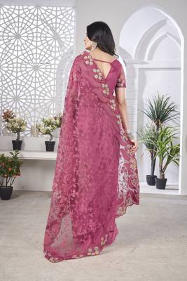 pink stone thread work embroidery net saree 4