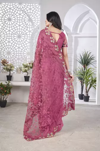 pink stone thread work embroidery net saree