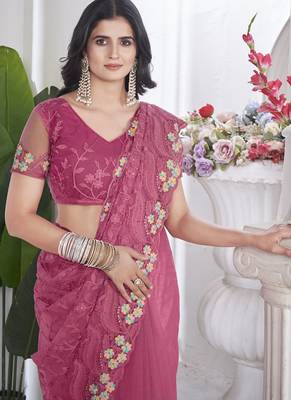 pink stone thread work embroidery net saree 5
