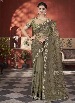 mehendi green stone thread work embroidery net saree 1