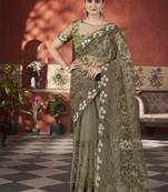 mehendi green stone thread work embroidery net saree