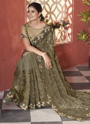 mehendi green stone thread work embroidery net saree 2