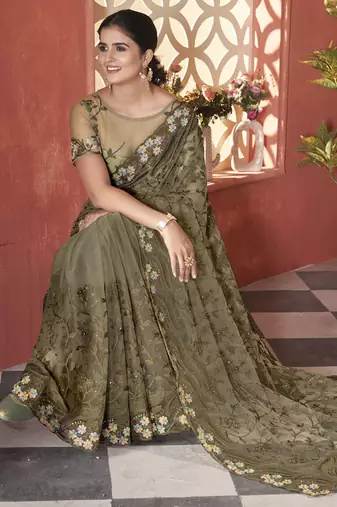 mehendi green stone thread work embroidery net saree