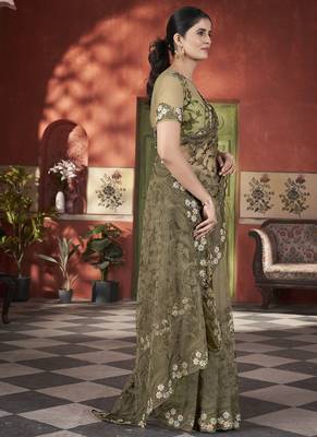 mehendi green stone thread work embroidery net saree 3