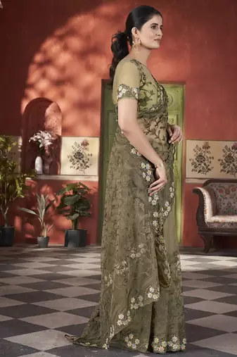 mehendi green stone thread work embroidery net saree