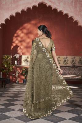 mehendi green stone thread work embroidery net saree 4