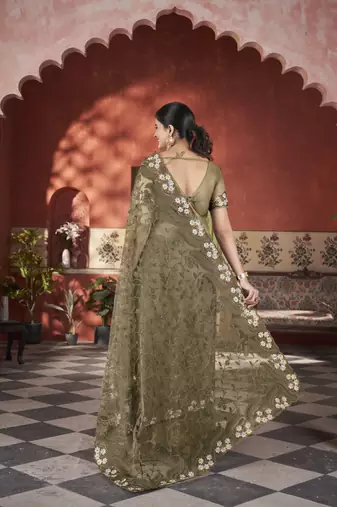 mehendi green stone thread work embroidery net saree