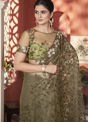 mehendi green stone thread work embroidery net saree 5