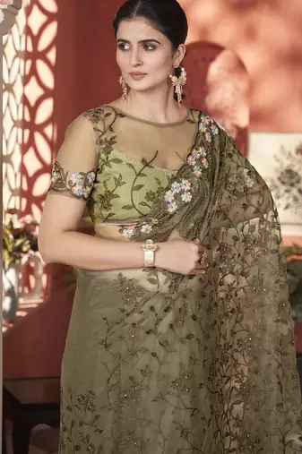 mehendi green stone thread work embroidery net saree