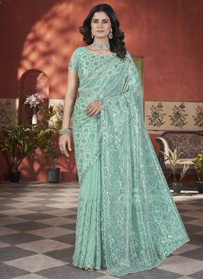 sea green sequin thread embroidery net saree 1