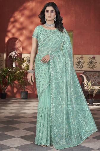 sea green sequin thread embroidery net saree