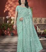 sea green sequin thread embroidery net saree