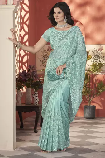 sea green sequin thread embroidery net saree