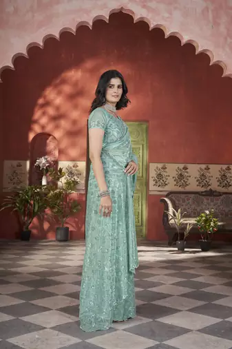 sea green sequin thread embroidery net saree