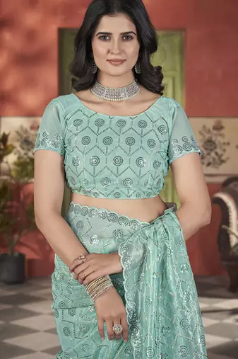 sea green sequin thread embroidery net saree