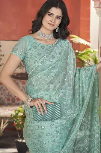 sea green sequin thread embroidery net saree