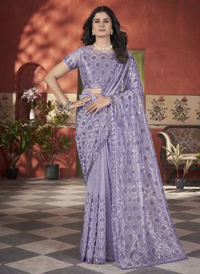 lavender sequin thread embroidery net saree 1