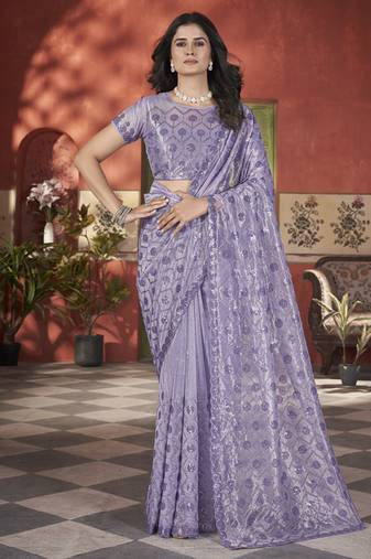 lavender sequin thread embroidery net saree