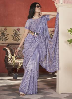 lavender sequin thread embroidery net saree 2