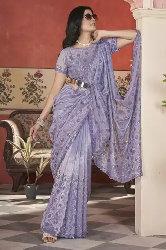lavender sequin thread embroidery net saree