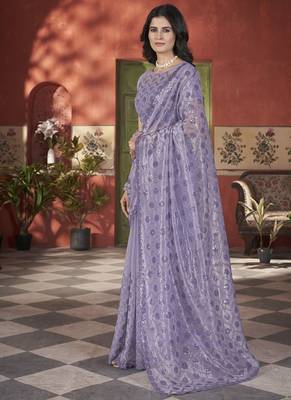 lavender sequin thread embroidery net saree 3