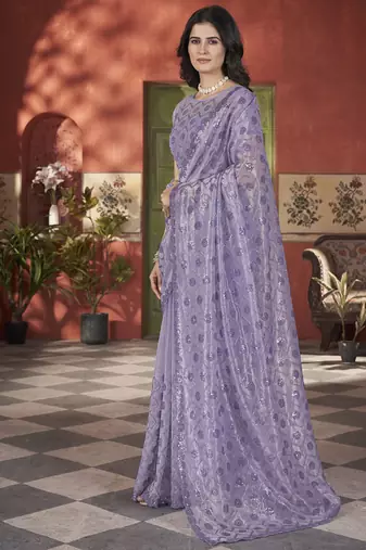 lavender sequin thread embroidery net saree