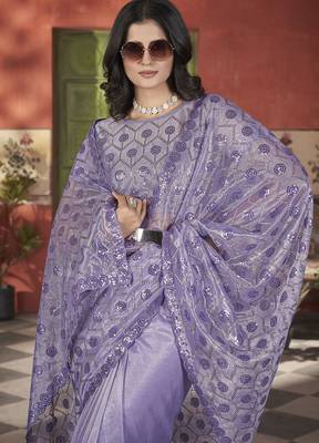 lavender sequin thread embroidery net saree 5