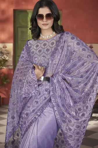 lavender sequin thread embroidery net saree