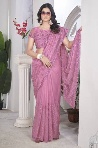 pink sequin thread embroidery net saree