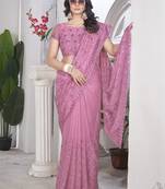 pink sequin thread embroidery net saree