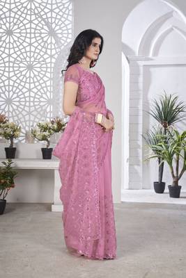 pink sequin thread embroidery net saree 2