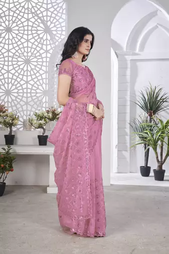 pink sequin thread embroidery net saree