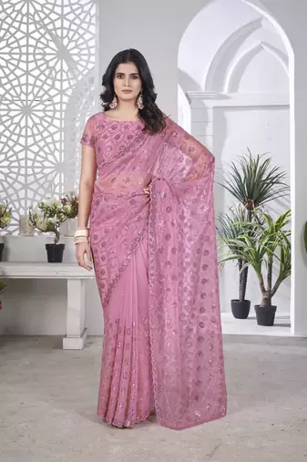 pink sequin thread embroidery net saree
